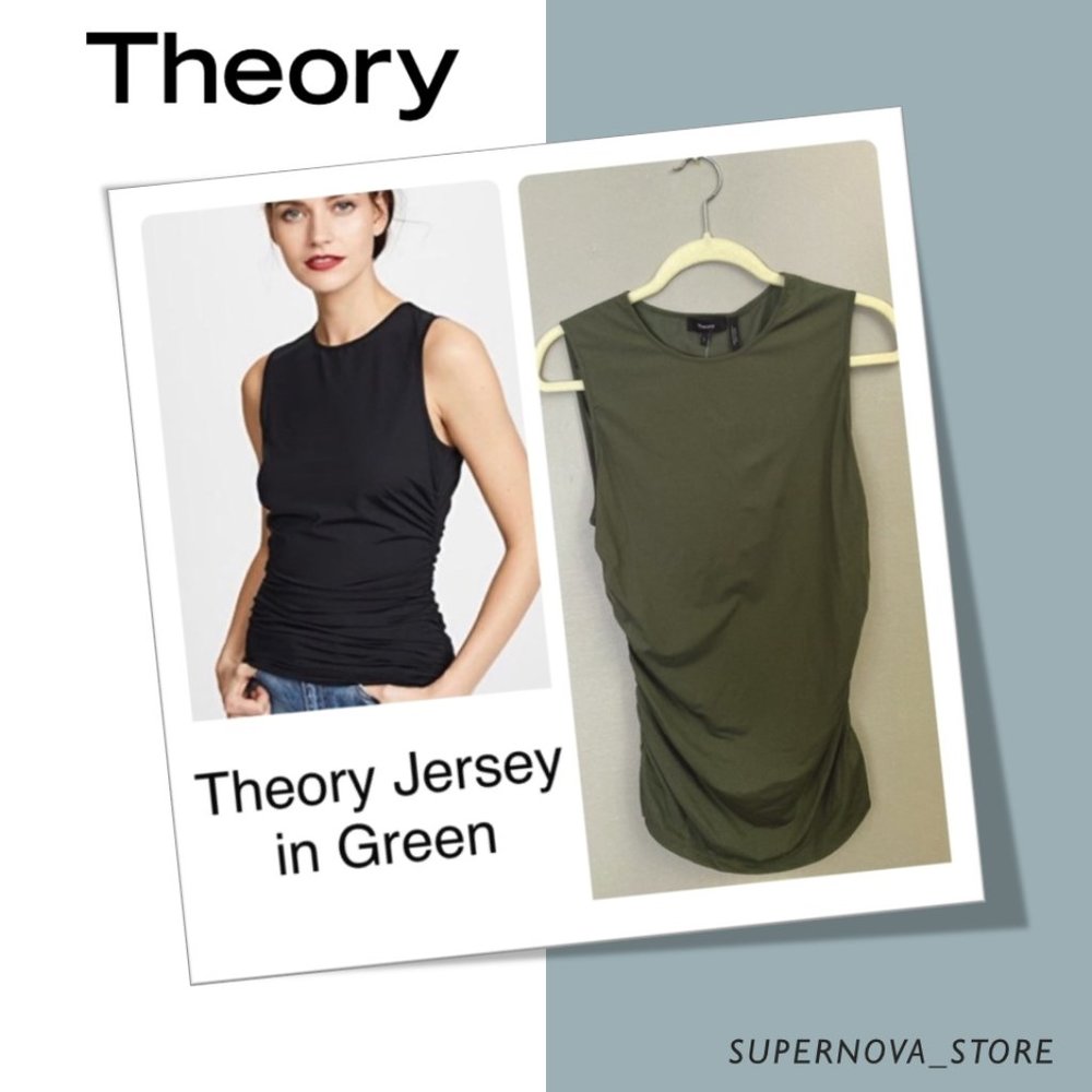Theory Ruched Sleeveless Travel Jersey Shirt Green